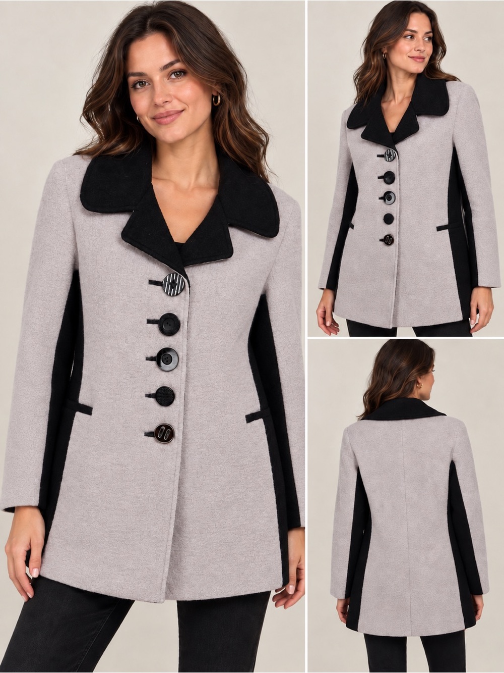 Carson 100% Wool Colorblock Coat Gray Black Statement Buttons Size Large